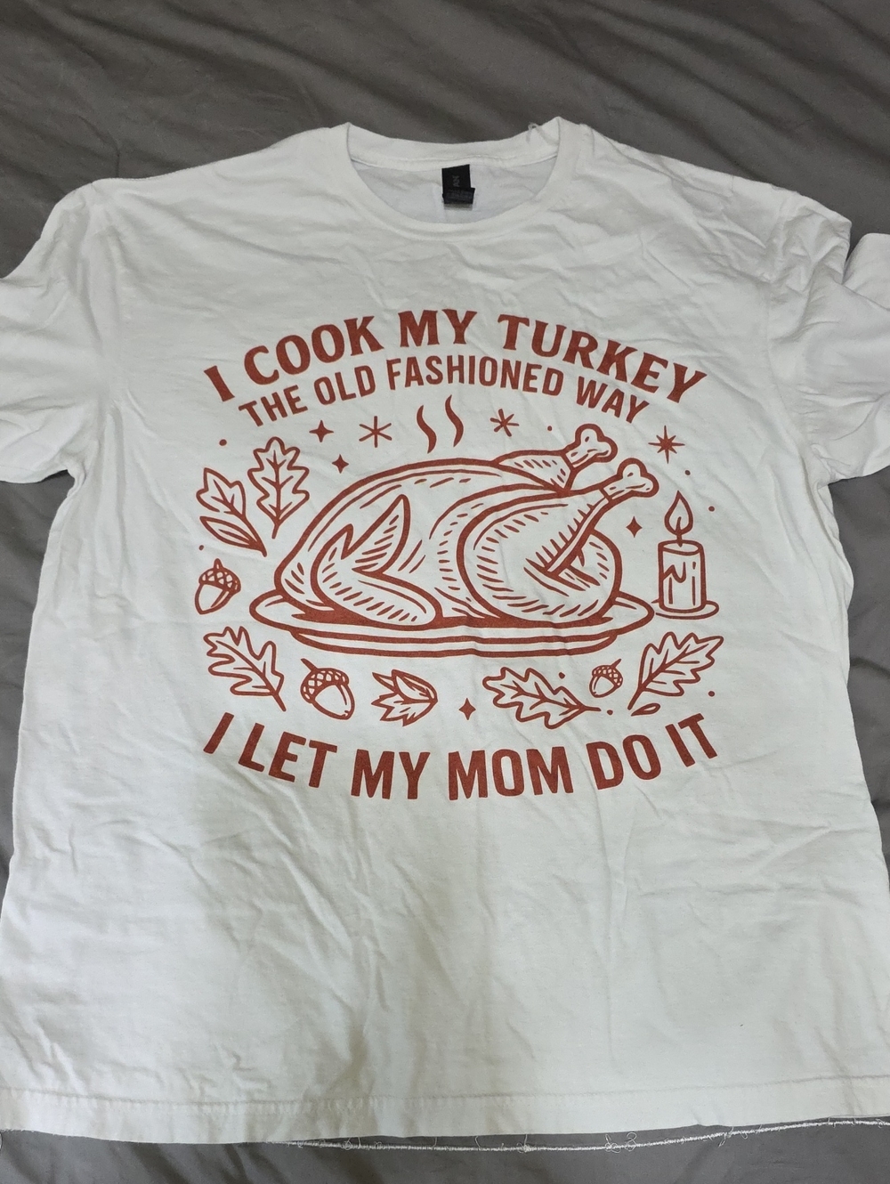 White Thanksgiving T-Shirt with Rust Design - I Cook My Turkey